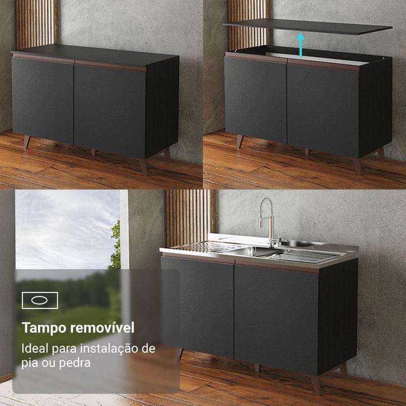 Kit com três balcões de cozinha 2 portas 6 gavetas (com tampo) preto reims madesa