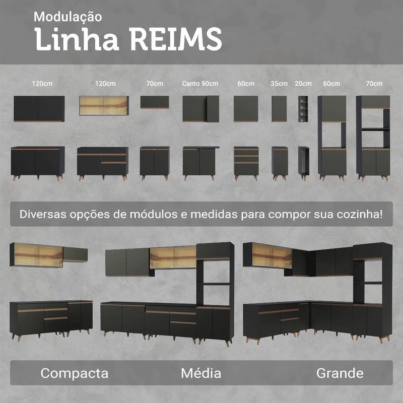 Kit com três balcões de cozinha 2 portas 6 gavetas (com tampo) preto reims madesa