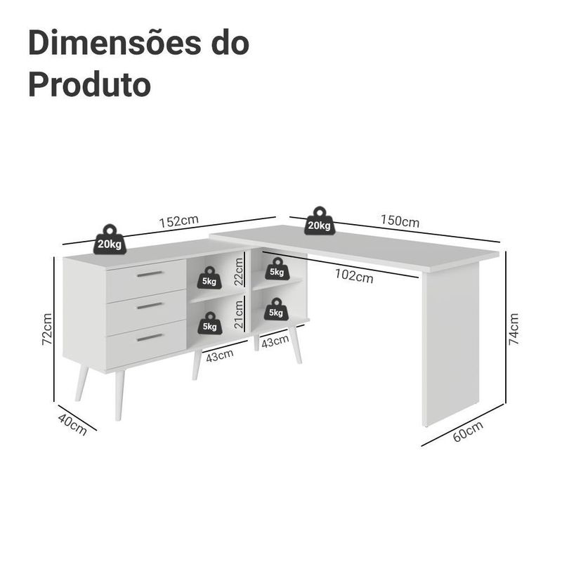 Mesa de estudos em l 3 gavetas branco lisboa madesa