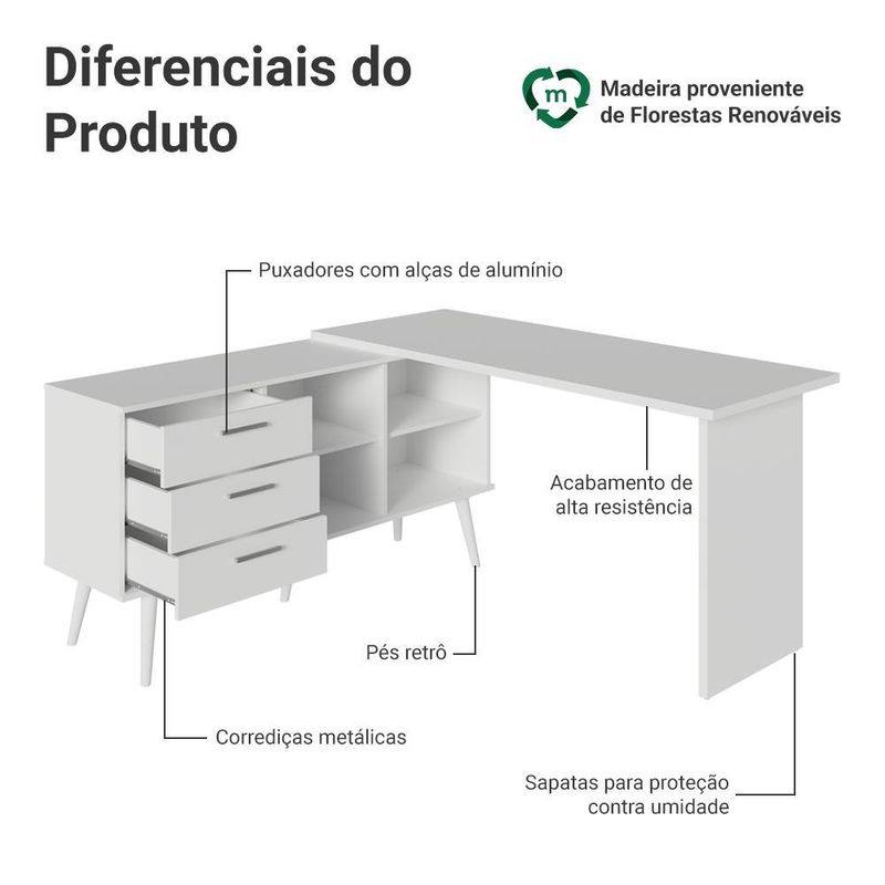 Mesa de estudos em l 3 gavetas branco lisboa madesa