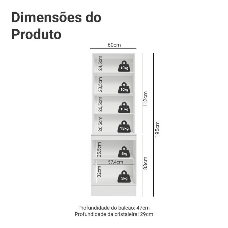 Kit balcão + cristaleira 60 cm branco smart 100% mdf madesa