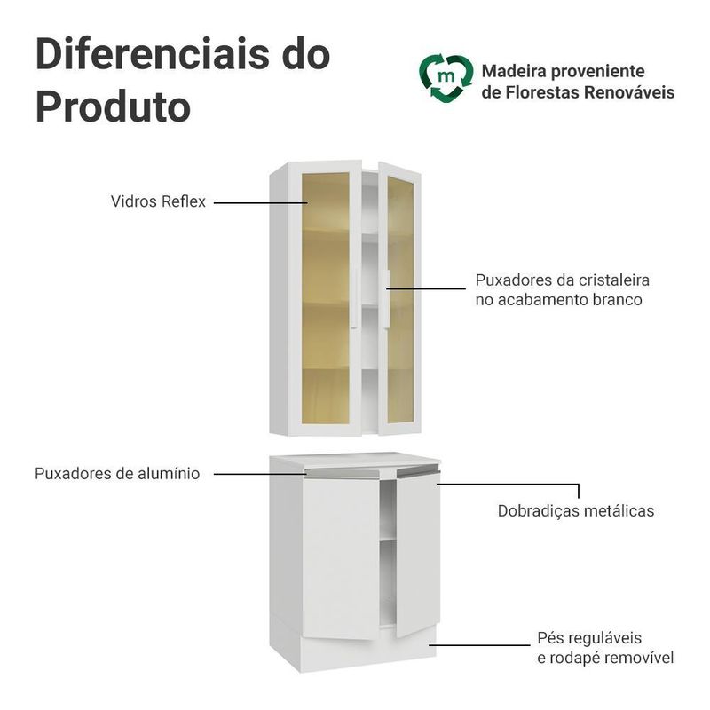 Kit balcão + cristaleira 60 cm branco smart 100% mdf madesa