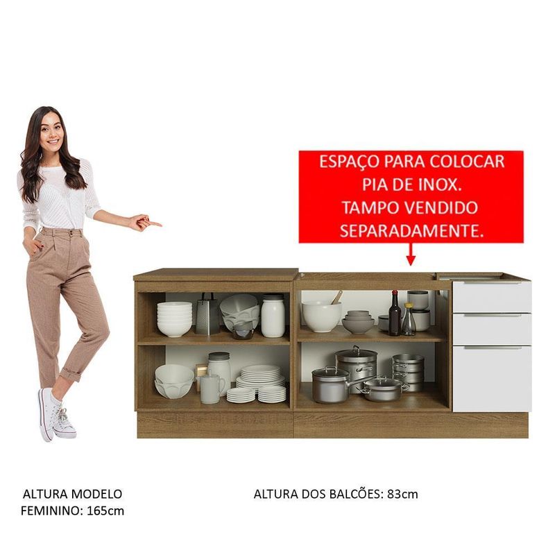 Kit com 2 balcões de cozinha madesa lux 4 portas 3 gavetas (sem tampo e pia) rustic/branco veludo