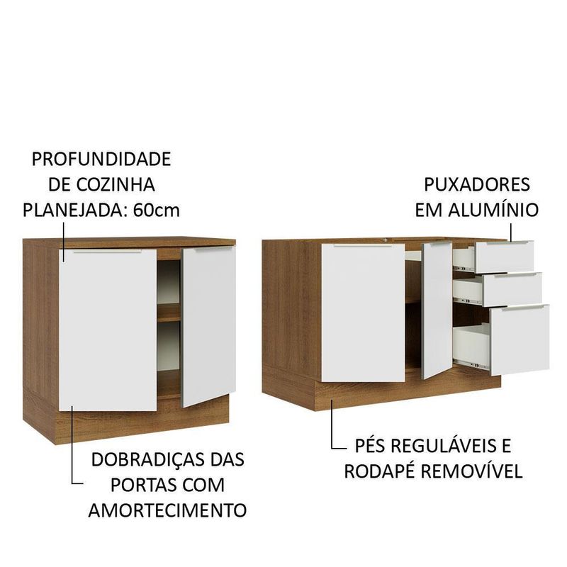 Kit com 2 balcões de cozinha madesa lux 4 portas 3 gavetas (sem tampo e pia) rustic/branco veludo