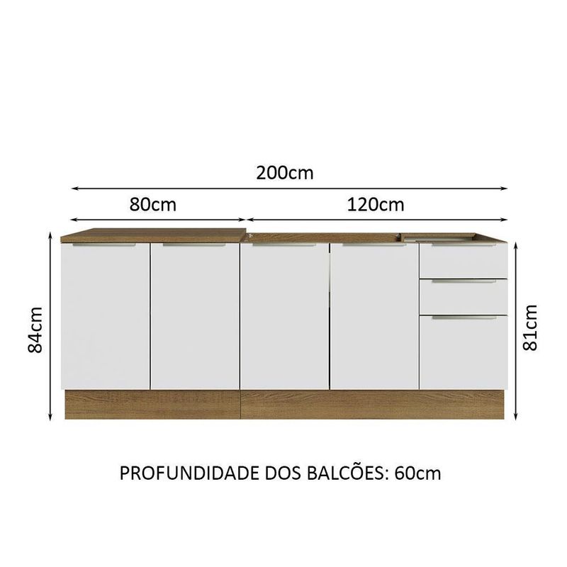 Kit com 2 balcões de cozinha madesa lux 4 portas 3 gavetas (sem tampo e pia) rustic/branco veludo
