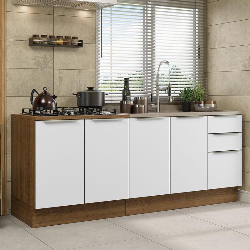 Kit com 2 balcões de cozinha madesa lux 4 portas 3 gavetas (sem tampo e pia) rustic/branco veludo