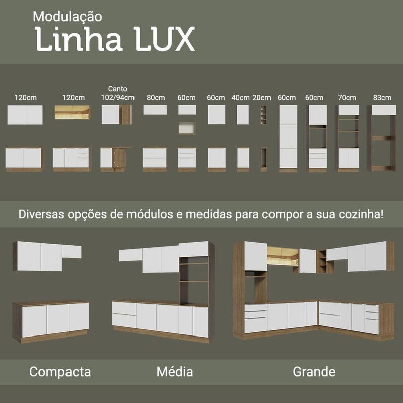 Kit com 2 balcões de cozinha madesa lux 4 portas 3 gavetas (sem tampo e pia) rustic/branco veludo