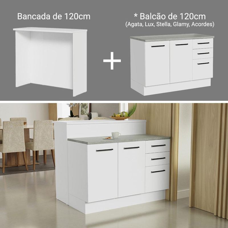 Ilha de cozinha com bancada e balcão 120 cm branco agata madesa