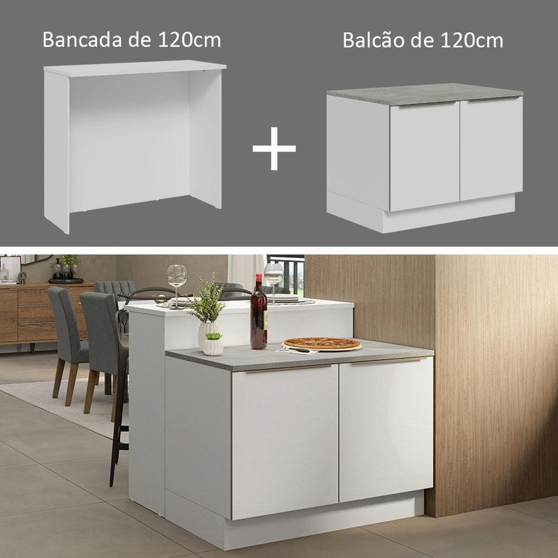 Ilha de cozinha com bancada e balcão 120 cm branco lux madesa