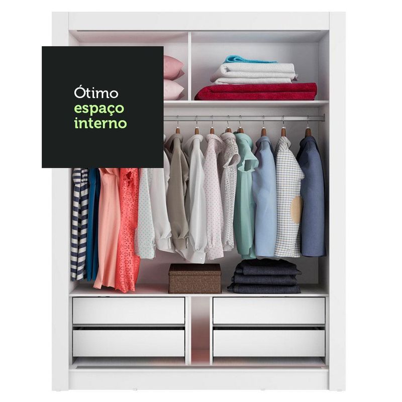 Guarda-roupa solteiro madesa dallas plus 2 portas de correr com espelho 4 gavetas - branco