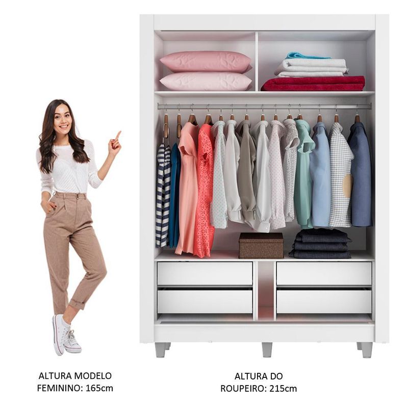 Guarda-roupa solteiro madesa dallas plus 2 portas de correr 4 gavetas com pés - branco