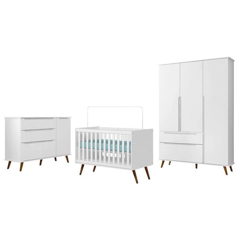 Dormitório Melinda em MDF e MDP 131 cm Branco Phoenix Baby com Guarda Roupa Cômoda e Berço Retrô