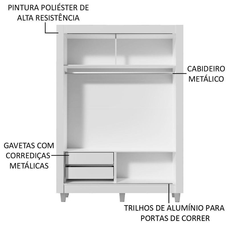 Guarda-roupa solteiro madesa dallas 2 portas de correr com espelho 2 gavetas com pés - branco