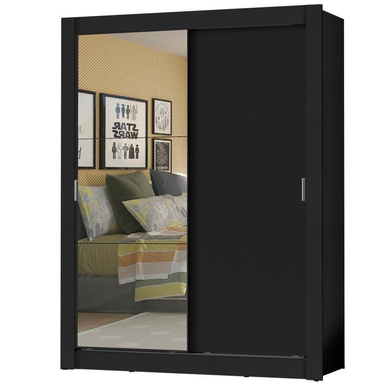 Guarda-roupa solteiro madesa dallas plus 2 portas de correr com espelho 4 gavetas - preto