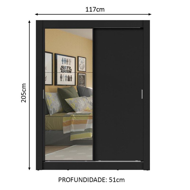 Guarda-roupa solteiro madesa dallas plus 2 portas de correr com espelho 4 gavetas - preto