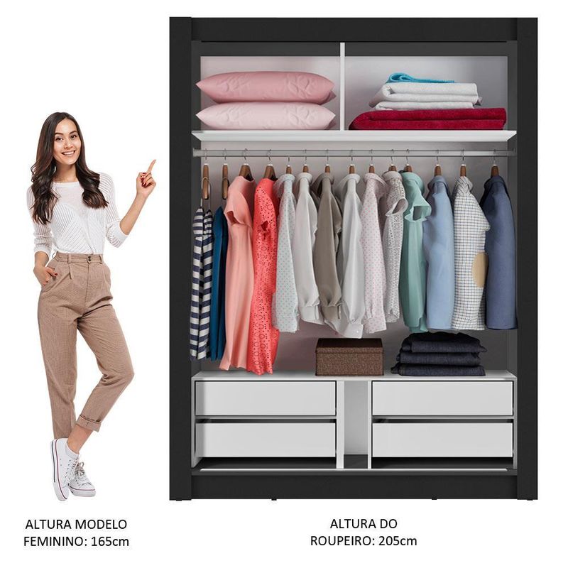 Guarda-roupa solteiro madesa dallas plus 2 portas de correr com espelho 4 gavetas - preto
