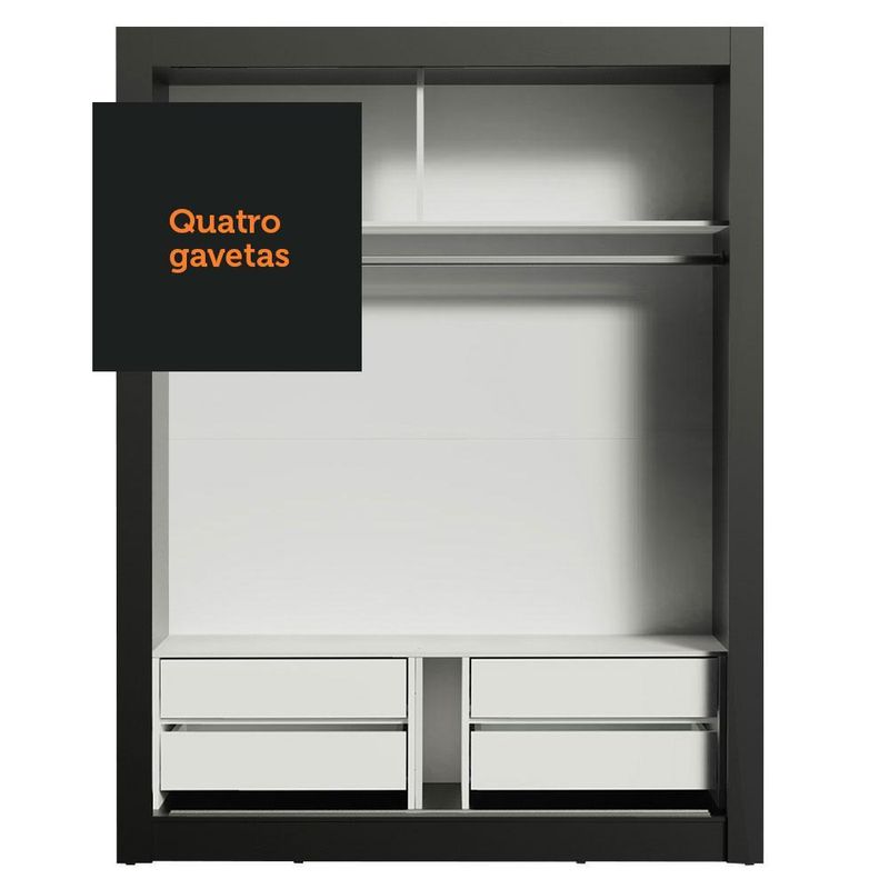 Guarda-roupa solteiro madesa dallas plus 2 portas de correr com espelho 4 gavetas - preto