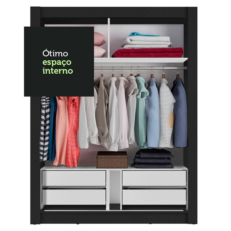 Guarda-roupa solteiro madesa dallas plus 2 portas de correr com espelho 4 gavetas - preto