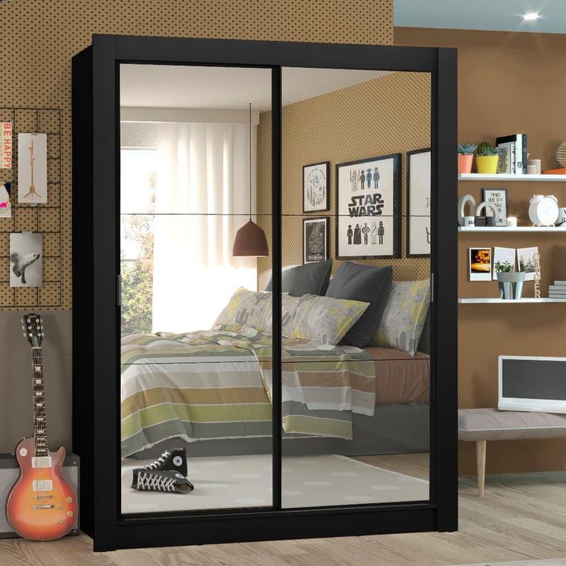 Guarda-roupa solteiro madesa denver 2 portas de correr de espelho - preto