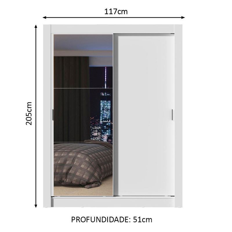 Guarda-roupa solteiro madesa denver 2 portas de correr com espelho - branco