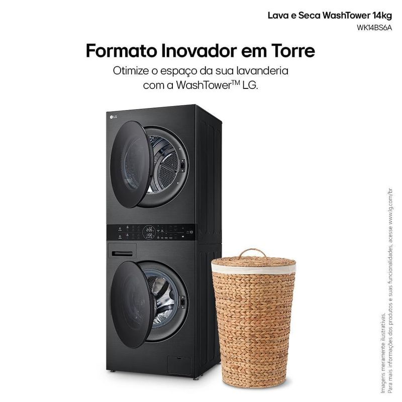 Lavadora e secadora lg wk14bs6 washtower 14kg turbowash 360° ai thinq black inox