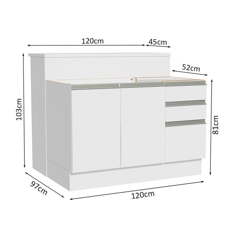 Ilha de cozinha com bancada e balcão 120 cm branco glamy madesa