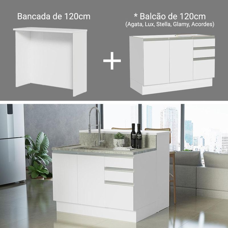 Ilha de cozinha com bancada e balcão 120 cm branco glamy madesa