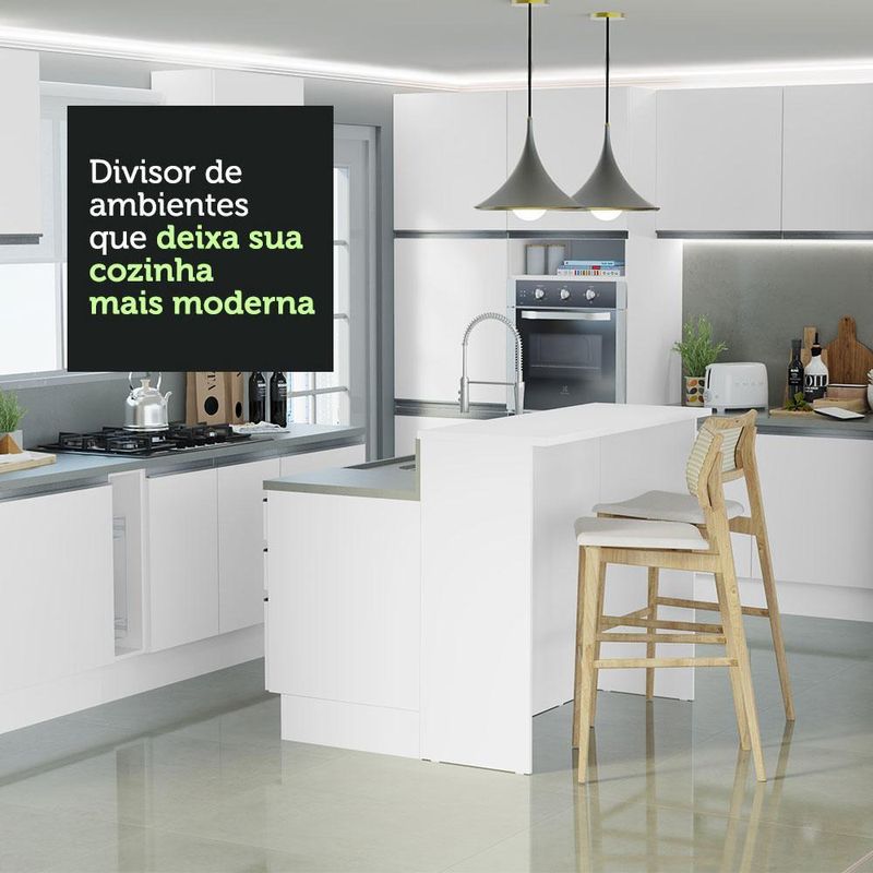 Ilha de cozinha com bancada e balcão 120 cm branco glamy madesa