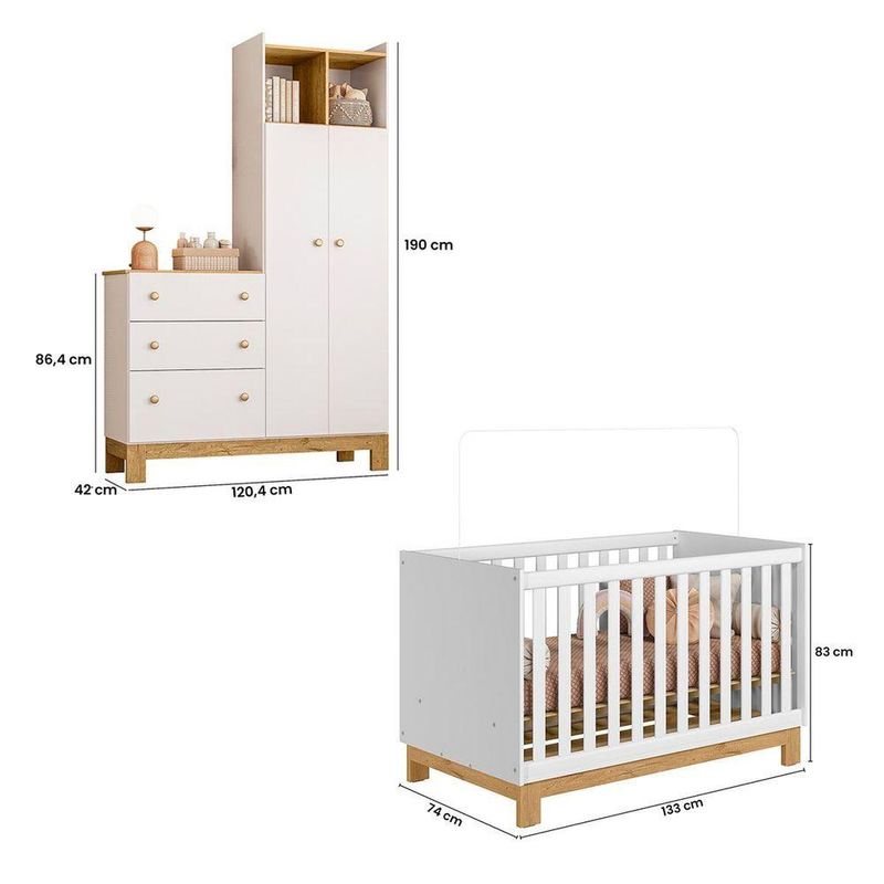Conjunto de Quarto Guarda Roupa Cômoda Flora e Berço Slim 2 Portas 3 Gavetas MDP e MDF 120,4CM Rosa