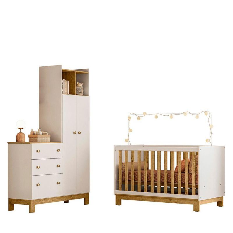 Conjunto Quarto Guarda Roupa Cômoda Flora e Berço Slim 2 Portas 3 Gavetas MDP e MDF Rosa Branco