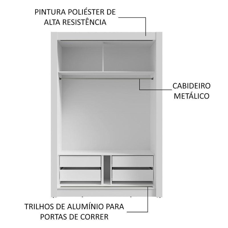 Guarda-roupa solteiro 2 portas de correr 4 gavetas branco vivare plus madesa