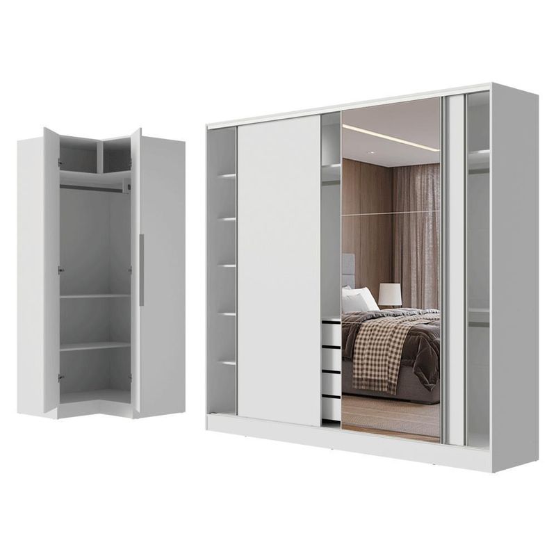 Guarda-roupa modulado neo + guarda-roupa royale 3 portas de correr com espelho branco madesa