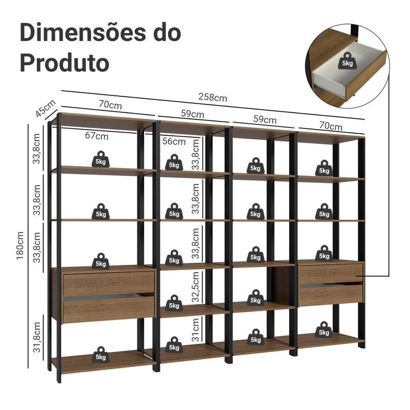 Guarda-roupa closet modulado 4 gavetas 258 cm valencia madesa 06