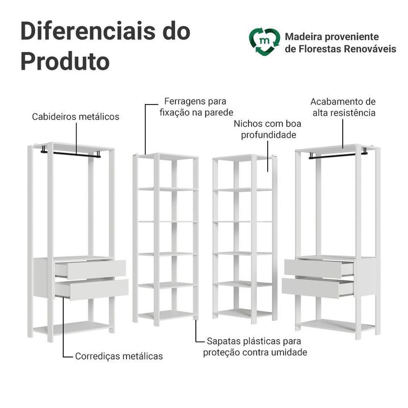 Guarda-roupa closet modulado 4 gavetas 258 cm branco valencia madesa 04