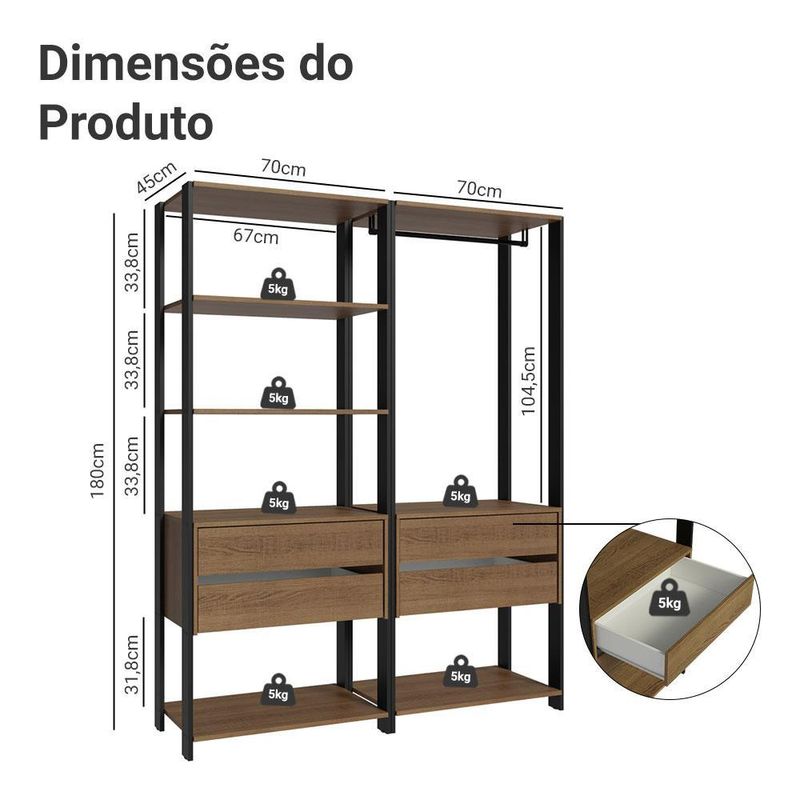 Guarda-roupa closet modulado 4 gavetas 140 cm valencia madesa