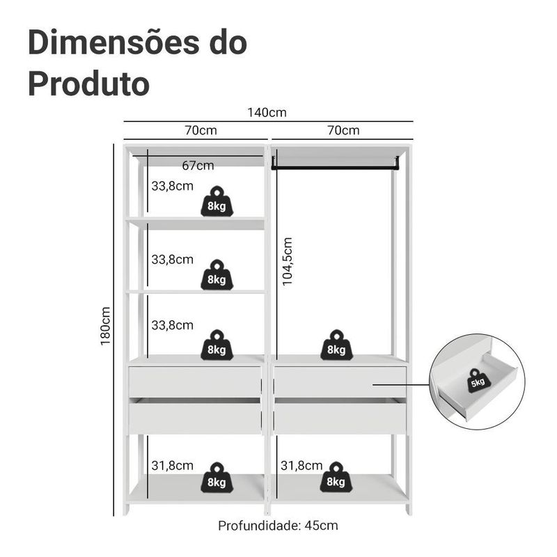Guarda-roupa closet modulado 4 gavetas 140 cm branco valencia madesa