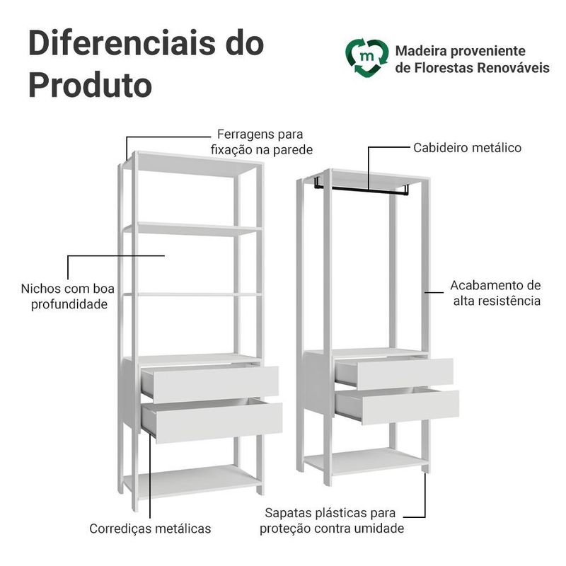 Guarda-roupa closet modulado 4 gavetas 140 cm branco valencia madesa