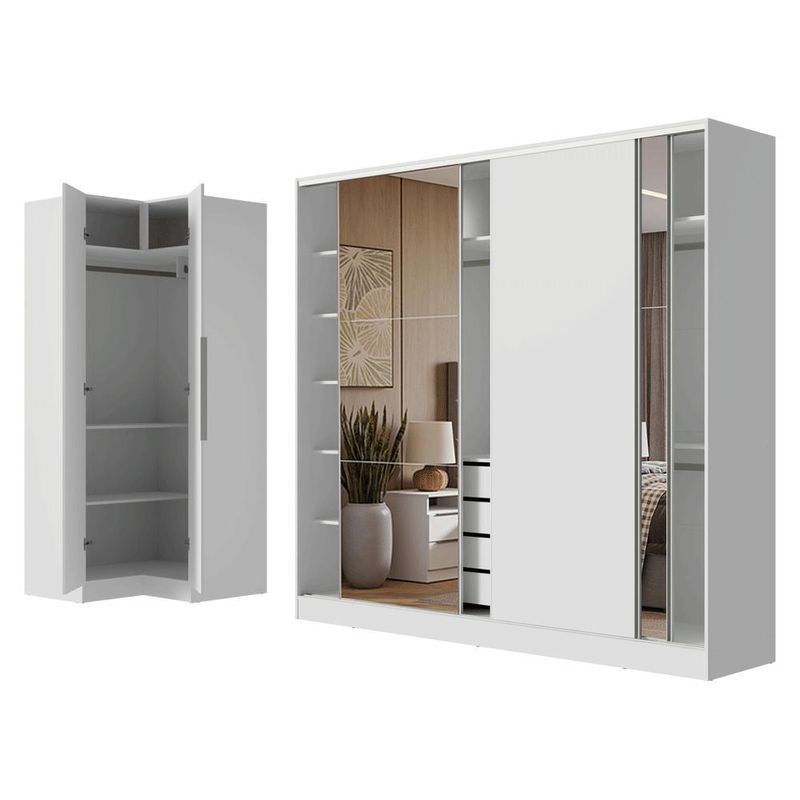 Guarda-roupa modulado neo + guarda-roupa royale 3 portas de correr com espelhos branco madesa