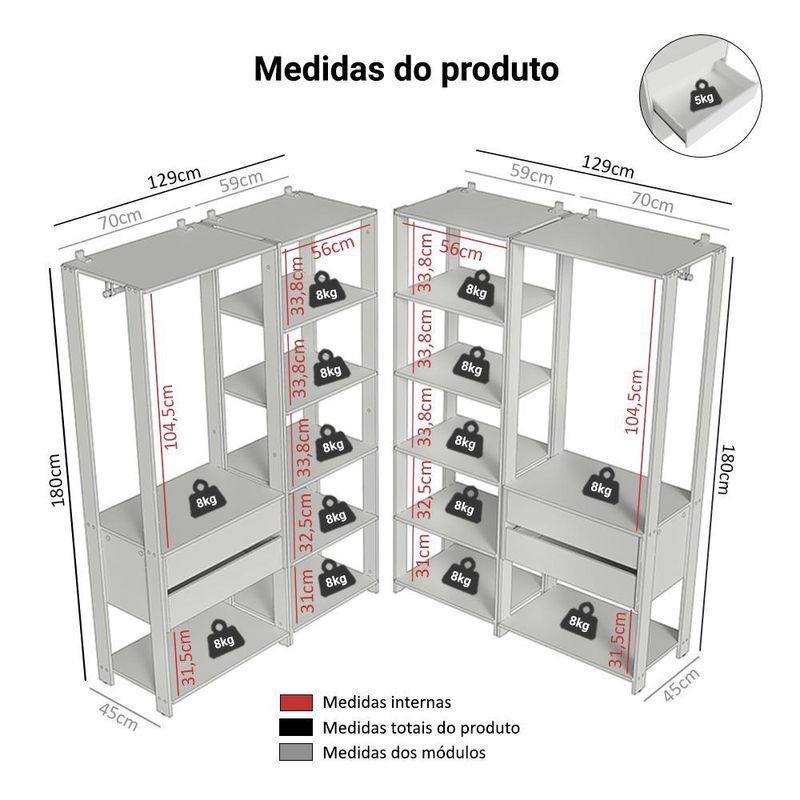 Guarda-roupa closet modulado 4 gavetas 258 cm valencia madesa 04
