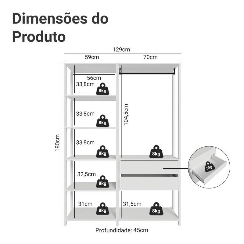 Guarda-roupa closet modulado 2 gavetas 129 cm branco valencia madesa