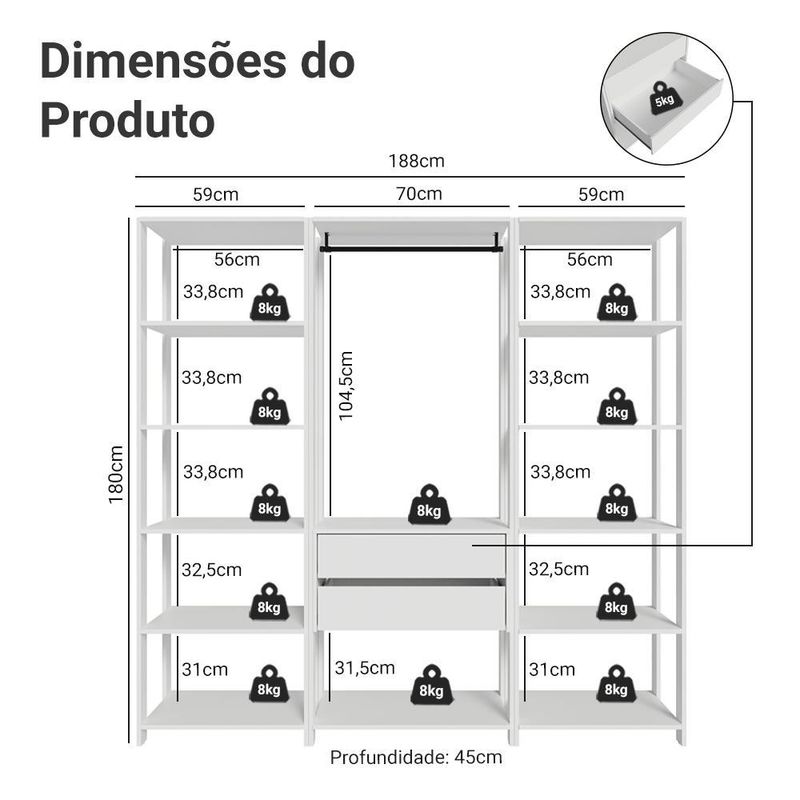 Guarda-roupa closet modulado 2 gavetas 188 cm branco valencia madesa