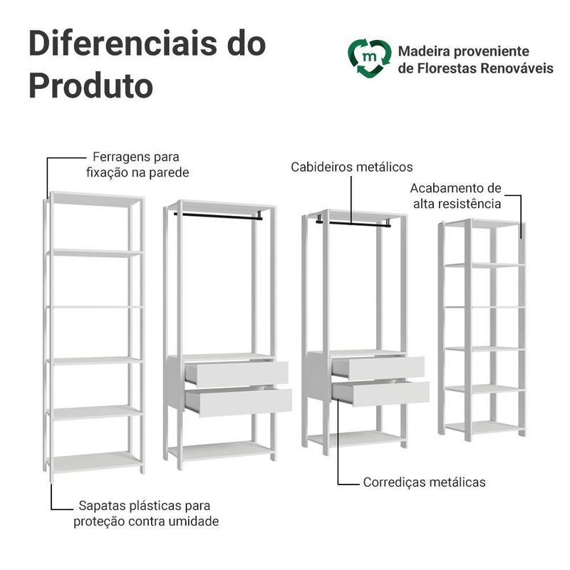 Guarda-roupa closet modulado valencia 4 gavetas 258cm madesa 01