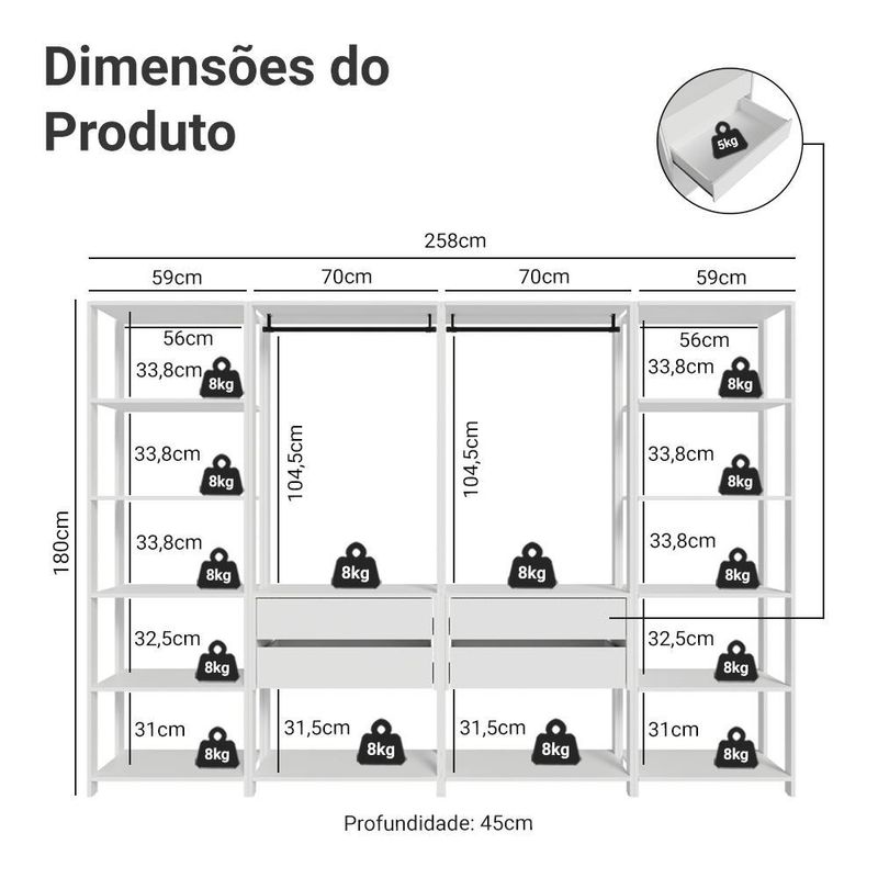 Guarda-roupa closet modulado valencia 4 gavetas 258cm madesa 01