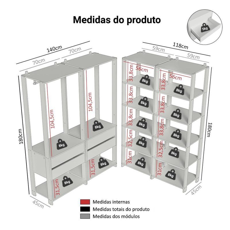 Guarda-roupa closet modulado 4 gavetas 258 cm valencia madesa 03
