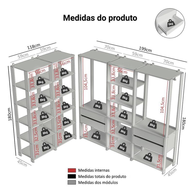 Guarda-roupa closet modulado 4 gavetas 317 cm branco valencia madesa