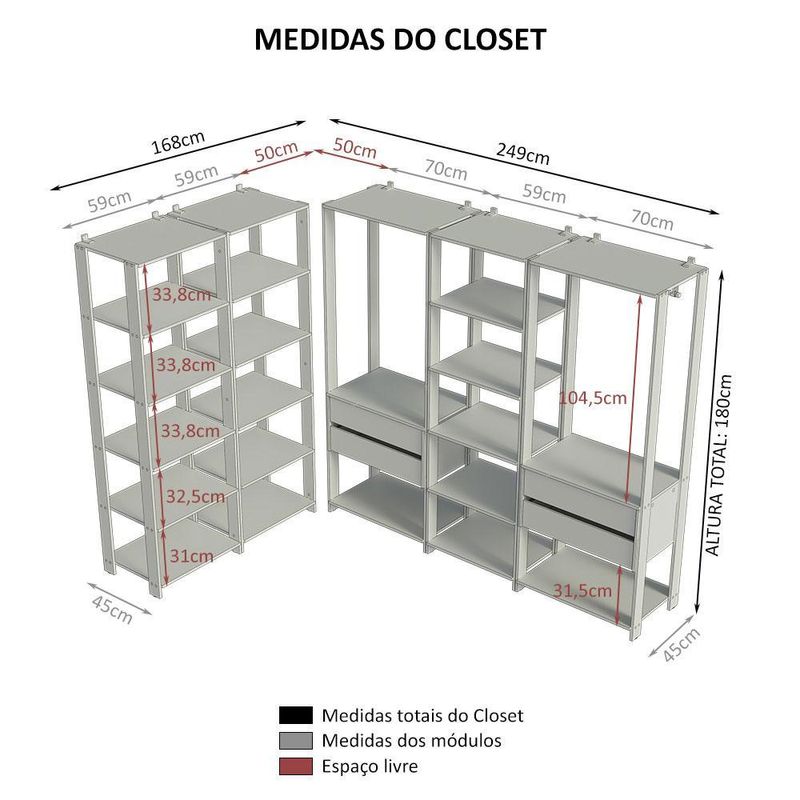 Guarda-roupa closet modulado 4 gavetas 317 cm valencia madesa