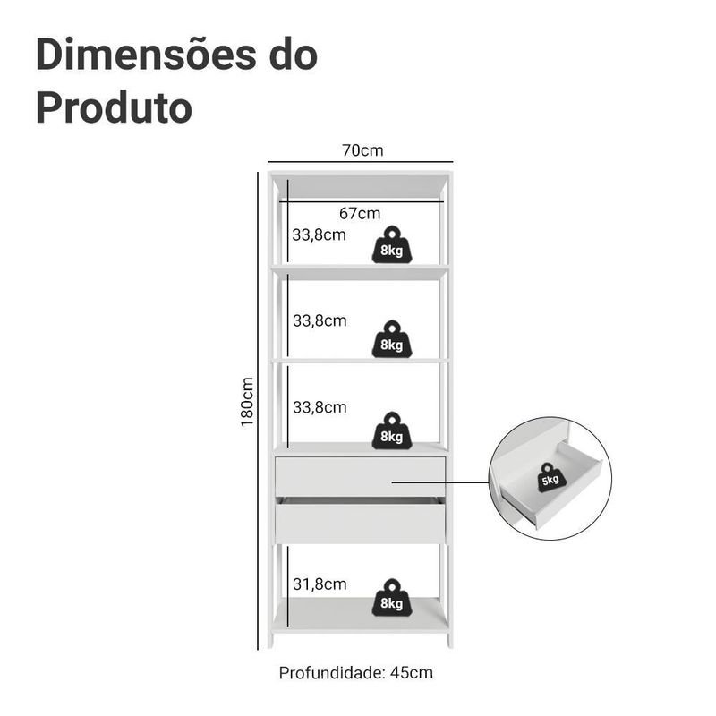 Guarda-roupa closet modulado 2 gavetas 4 prateleiras 70cm branco valencia madesa