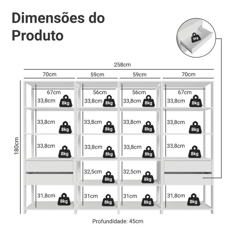 Guarda-roupa closet modulado 4 gavetas 258 cm branco valencia madesa 06