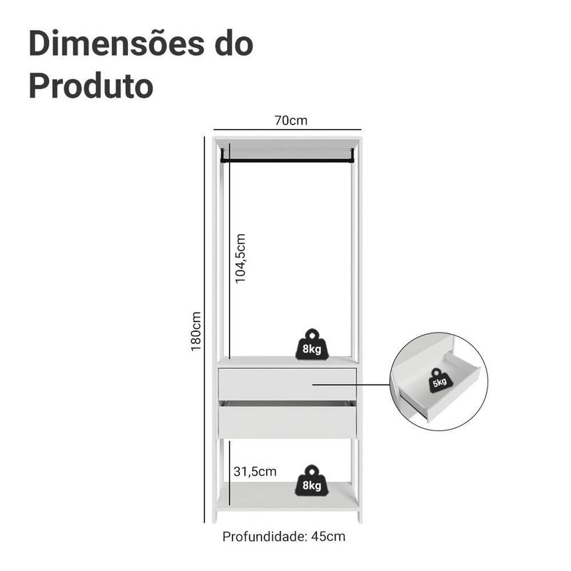 Guarda-roupa closet modulado 2 gavetas 70cm branco valencia madesa
