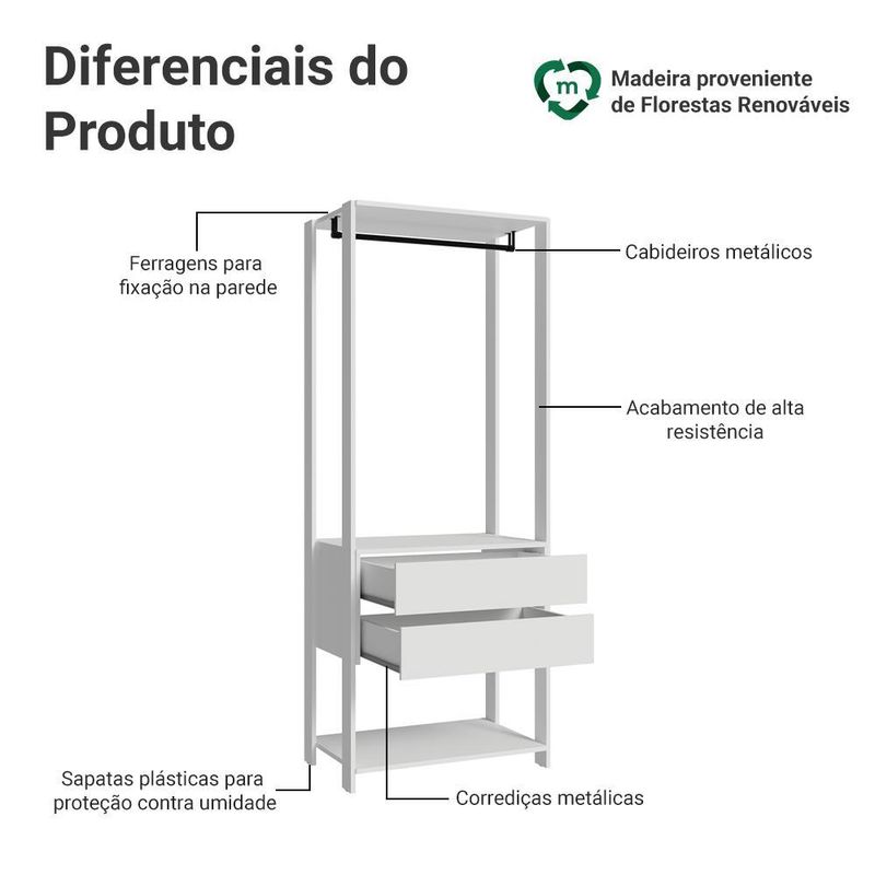 Guarda-roupa closet modulado 2 gavetas 70cm branco valencia madesa